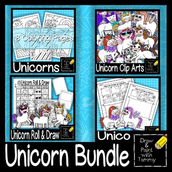 Unicorn art bundle roll a unicorn coloring pages clip art how to draw and write