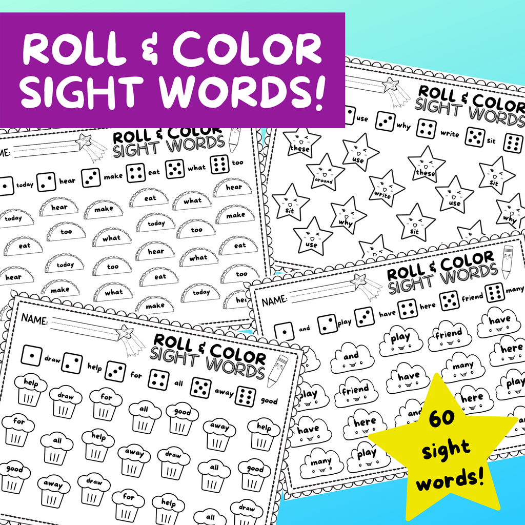 Roll color sight word worksheets â ispyfabulous