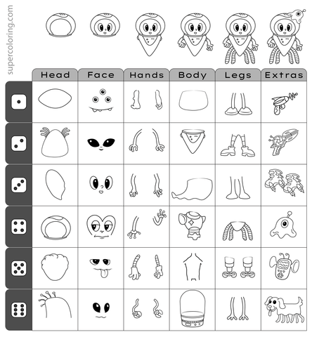 Roll die and draw alien worksheet free printable puzzle games