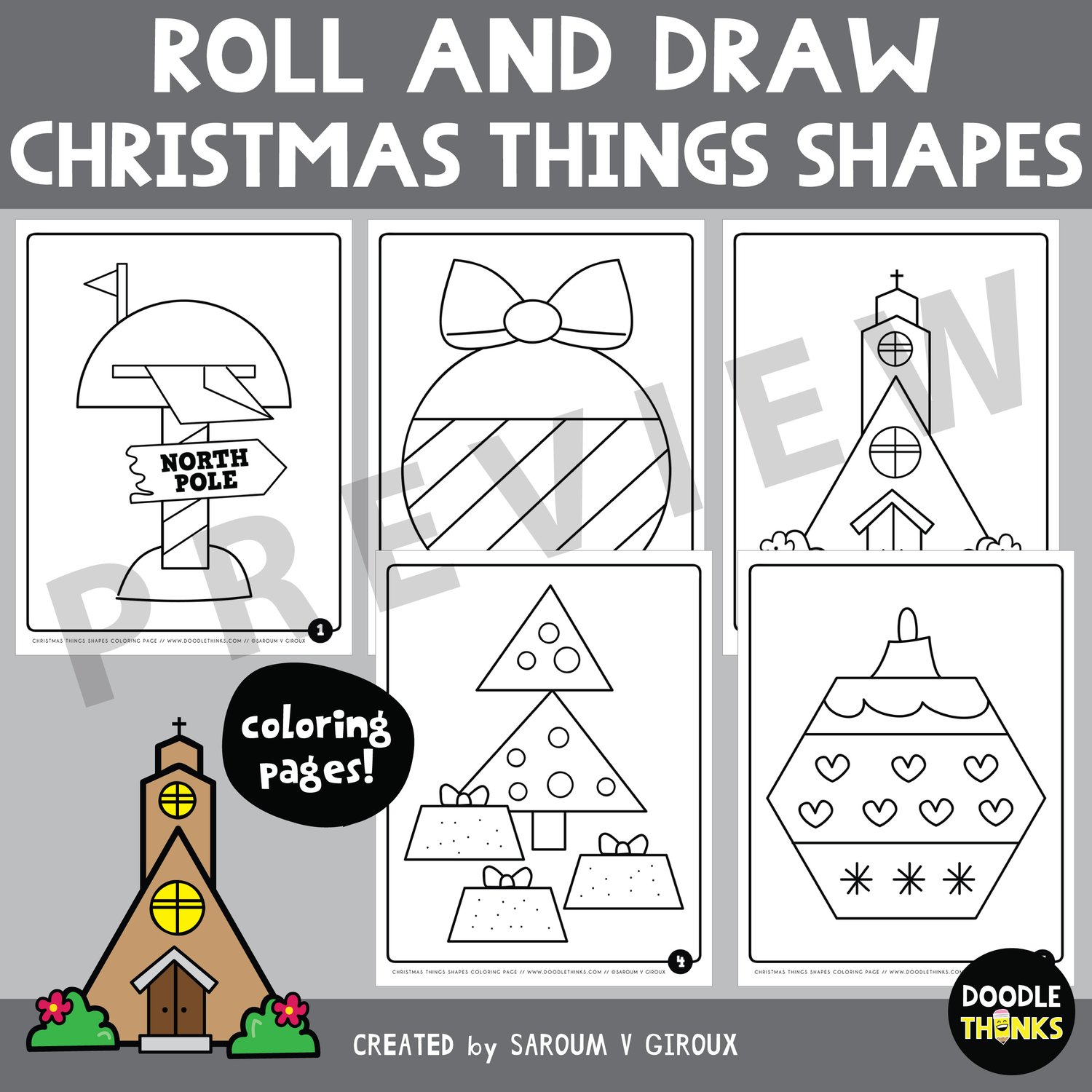 Christmas things shapes roll draw game coloring sheets no prep activities