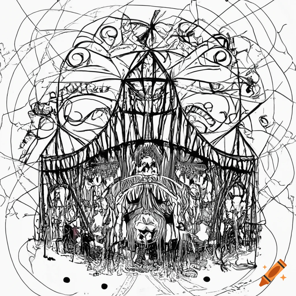 Black and white coloring page of a haunted circus roller coaster on