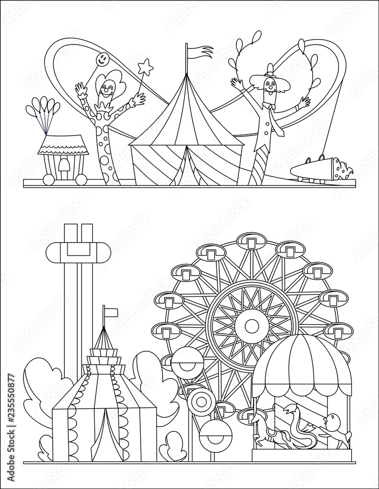 Amusement park urban landscape with carousels roller coaster and air balloon coloring book page circus fun fair and carnival theme vector illustration vector