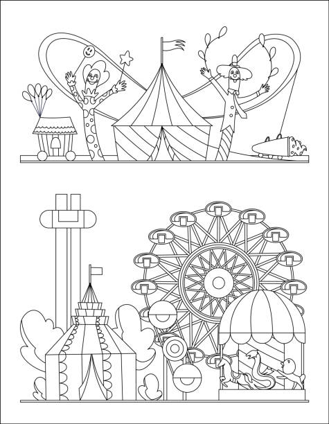 Amusement park urban landscape with carousels roller coaster and air balloon coloring book page circus fun fair and carnival theme vector illustration stock illustration