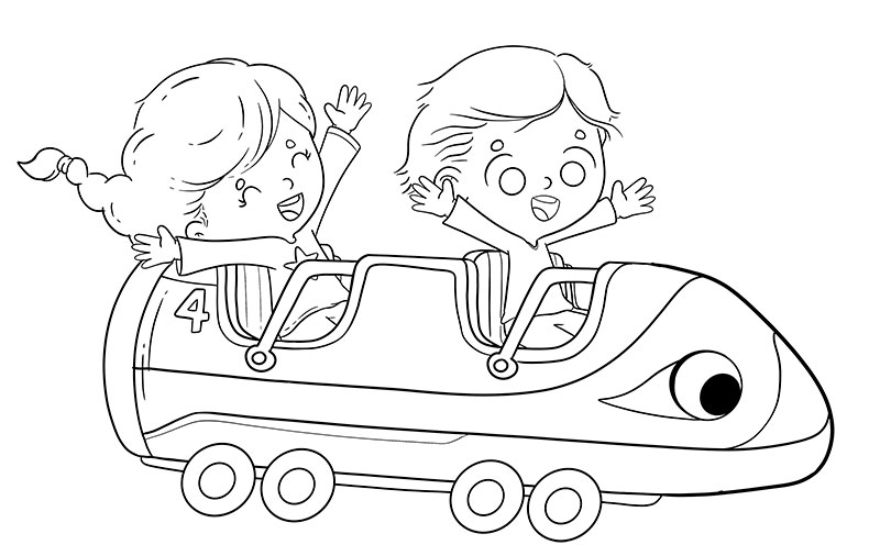 Children riding a roller coaster having fun coloring page