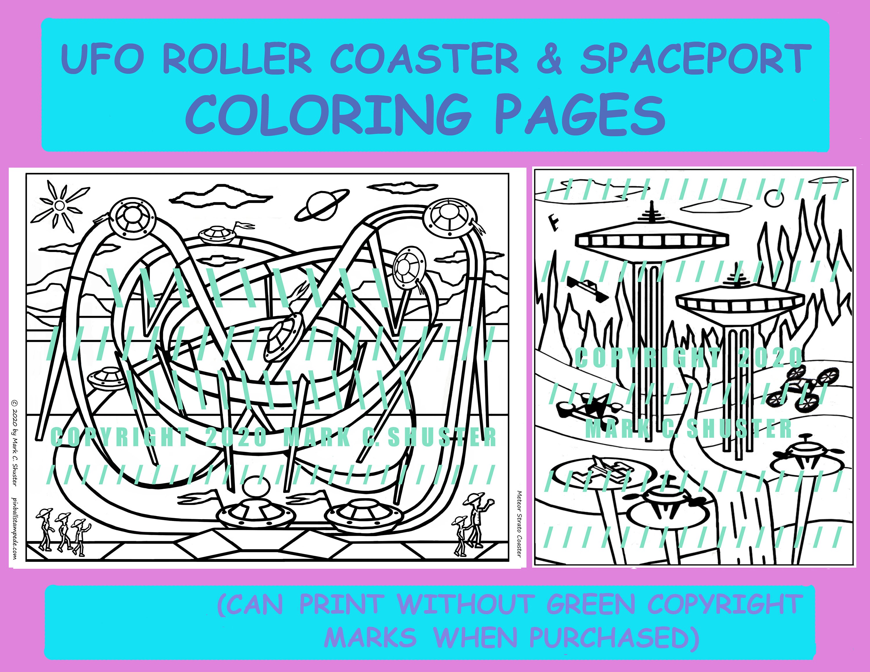 Ufo roller coaster and spaceport coloring pages jpeg pdf file theme park ride a