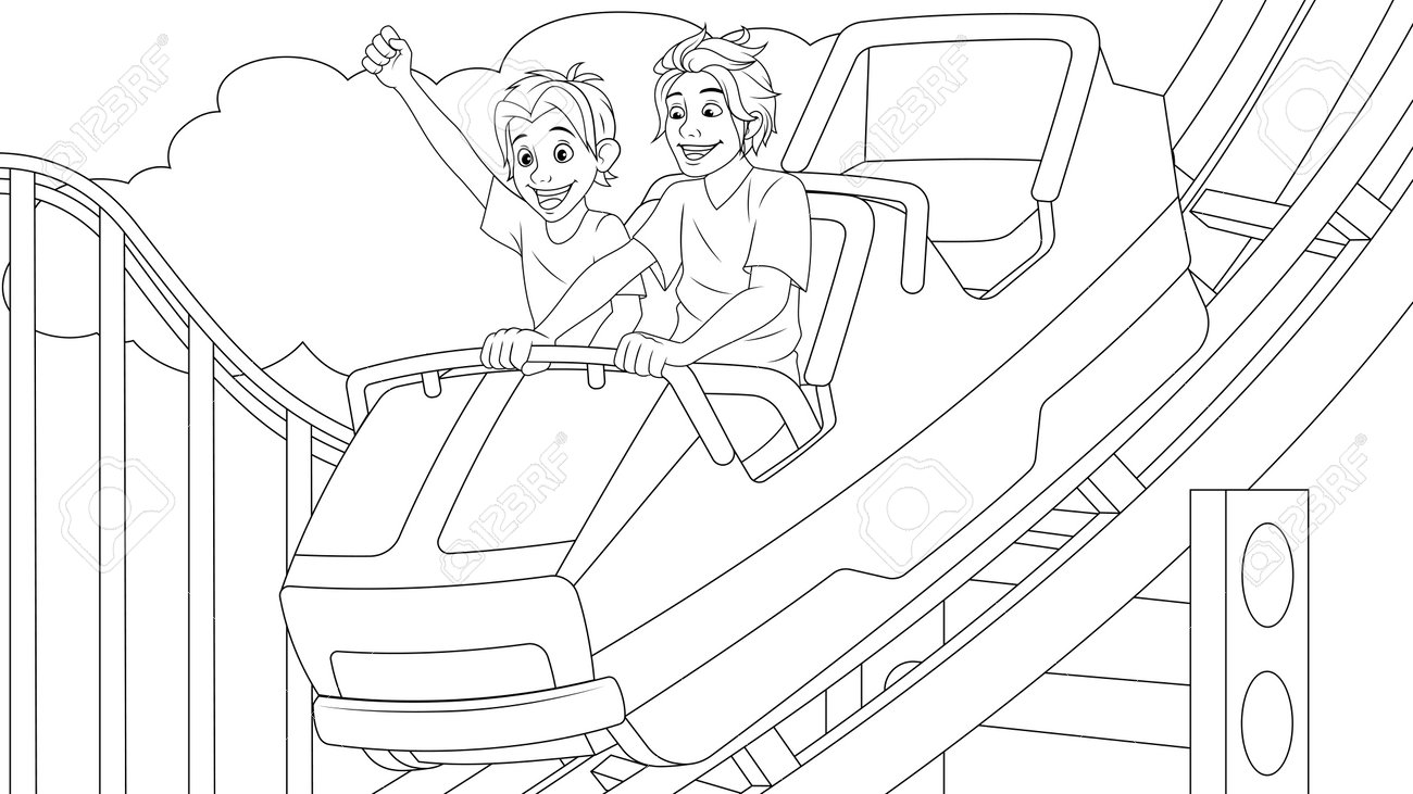 Coloring page outline of a boy and girl driving a rollercoaster royalty free svg cliparts vectors and stock illustration image