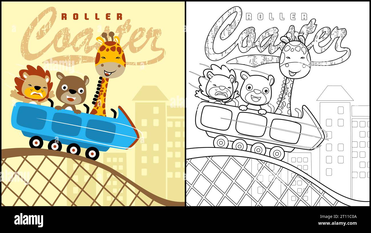 Coloring book of funny animals cartoon on roller coaster stock vector image art