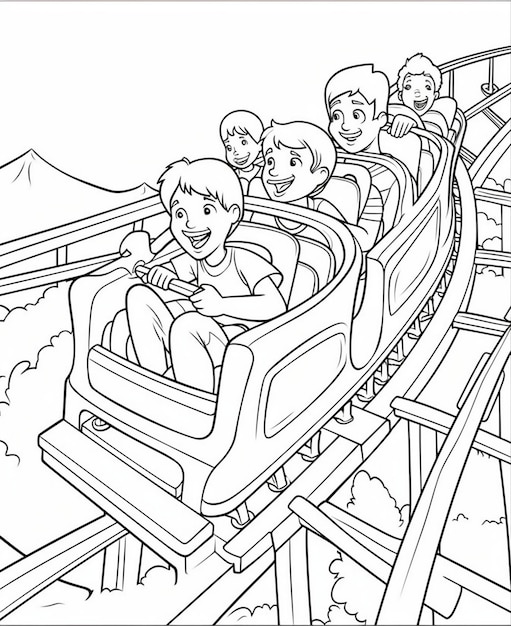 Premium ai image a drawing of kids on a roller coaster with a mountain in the background