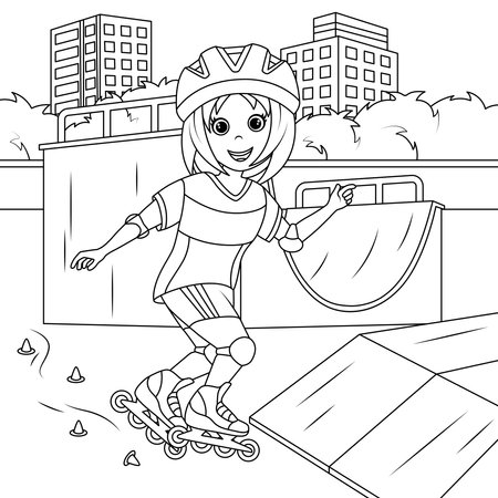 Girl rollerblading at the skatepark coloring book for children vector illustration