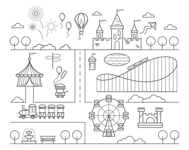 Amusement park map circus ferris wheel rollercoaster and attractions for kids children playground â in kids attractions maps illustration design amusement park