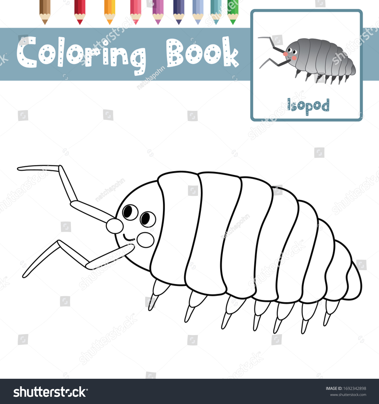 Coloring page isopod animal cartoon character stock vector royalty free