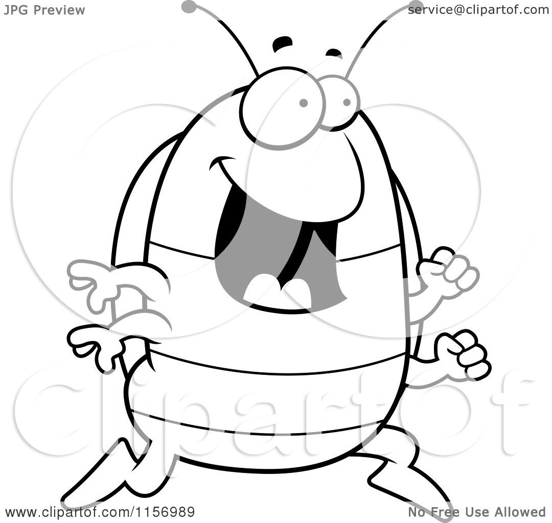 Cartoon clipart of a black and white happy running pillbug