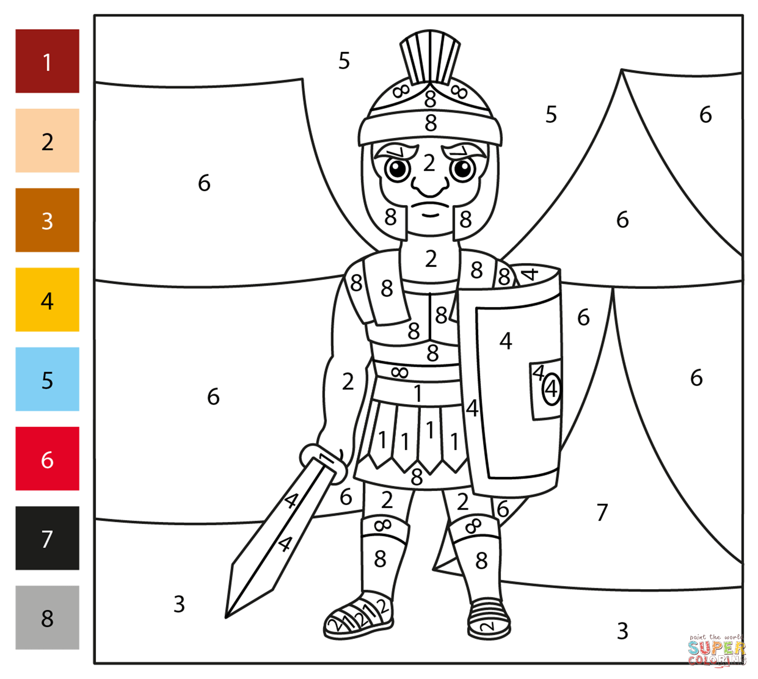 Roman soldier color by number free printable coloring pages