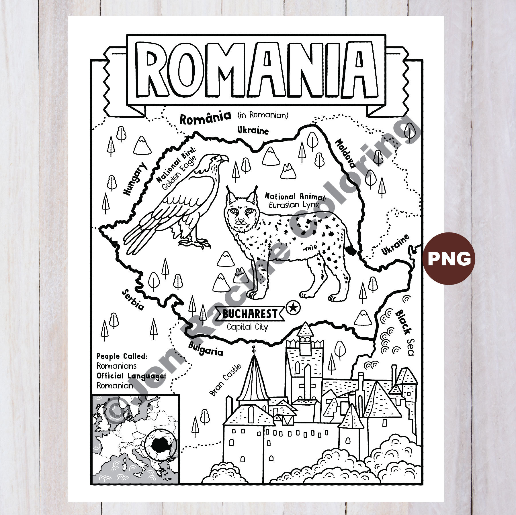 Romania coloring page geography of europe digital download coloring page