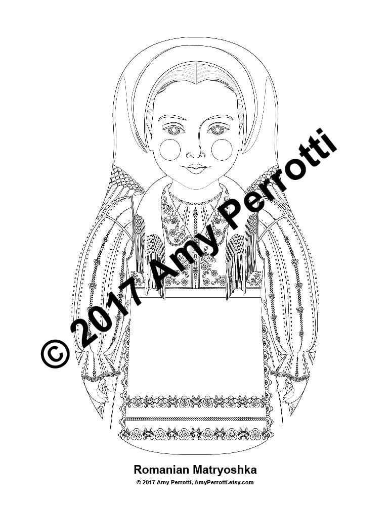 Romanian coloring sheet printable file traditional folk dress matryoshka doll