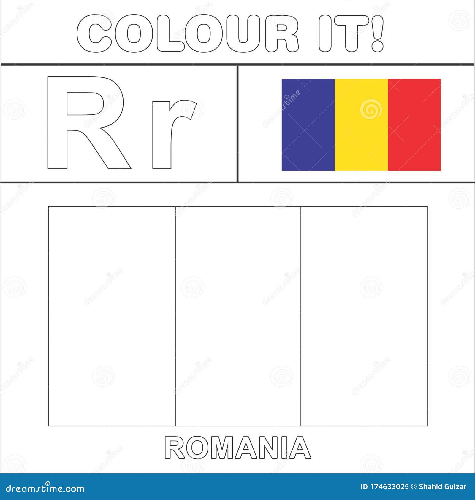 Colour it kids colouring page country starting from english letter r romania how to color flag stock illustration