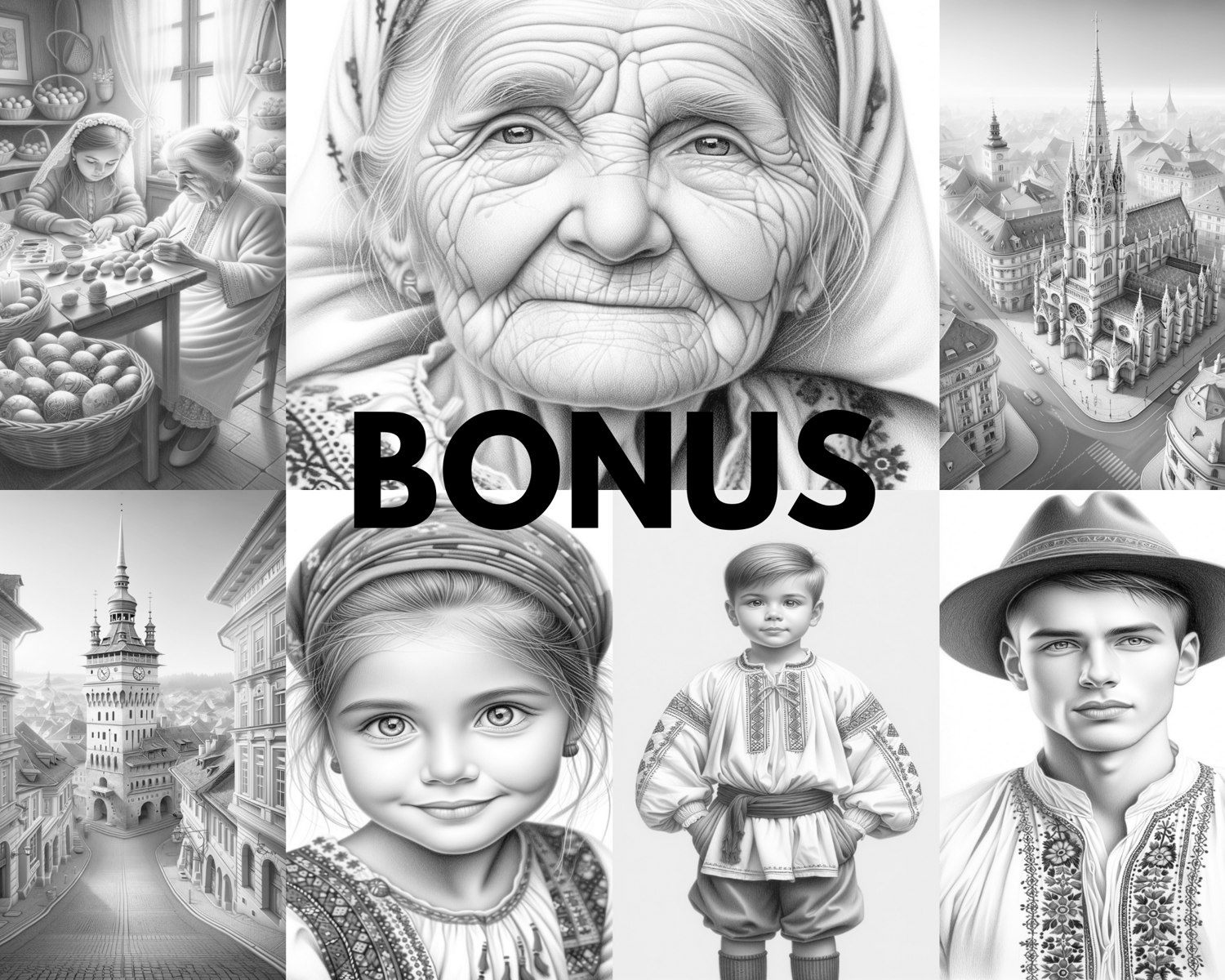 Romania people landscapes food traditions grayscale coloring pages printable adult coloring pages download grayscale illustration