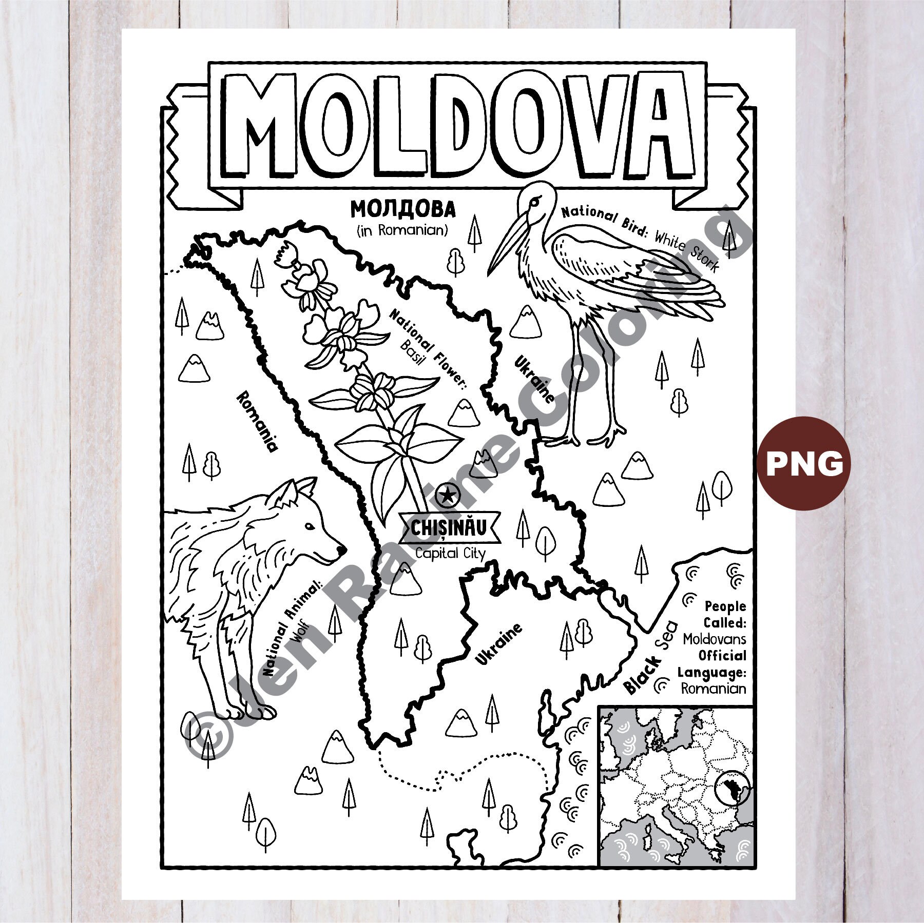 Moldova coloring page geography of europe digital download