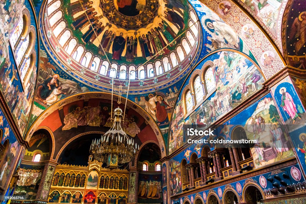 Ornate interior architecture of a romanian orthodox church in transylvania romania stock photo