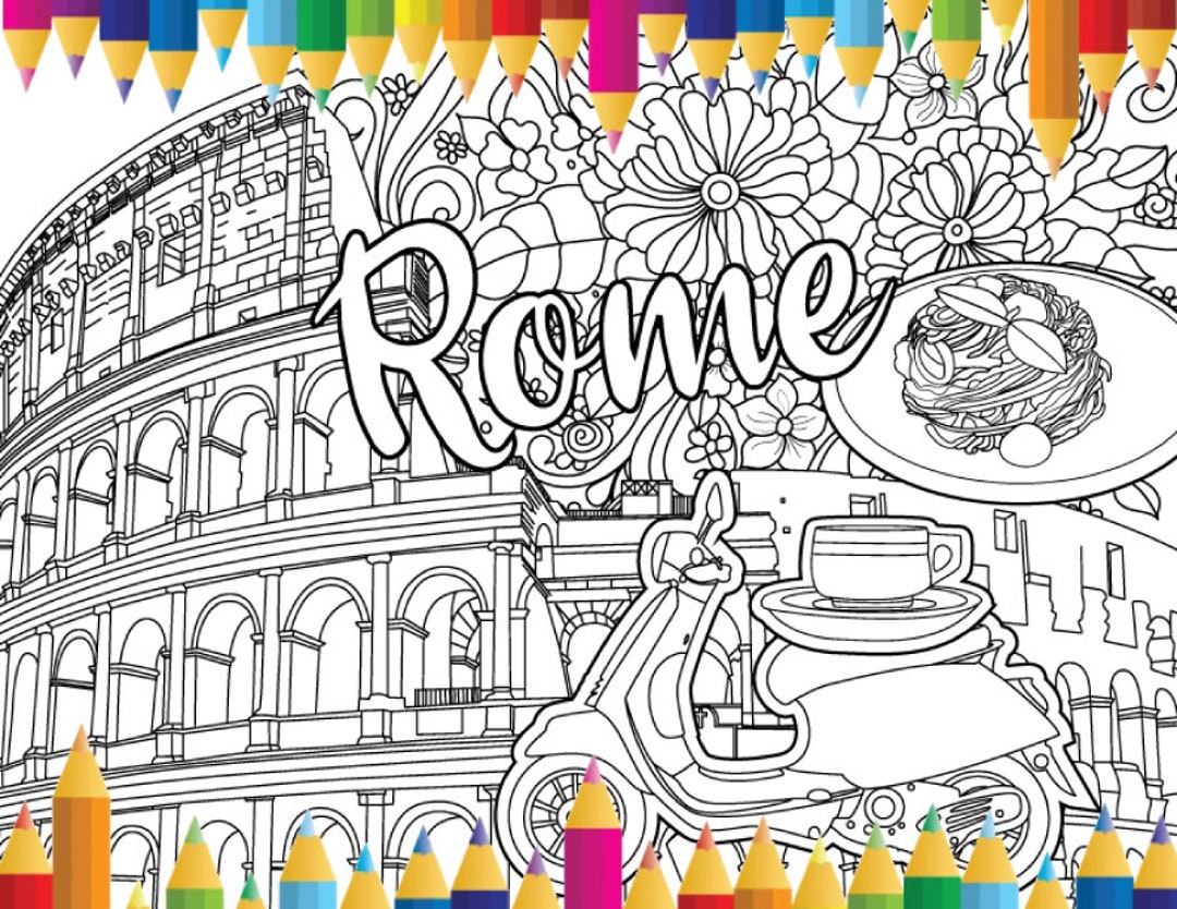 Romeitaly coloring page for adults and kidscoloring sheetdigital printablepdf coloring pagecolosseum printable diy colouring page download now