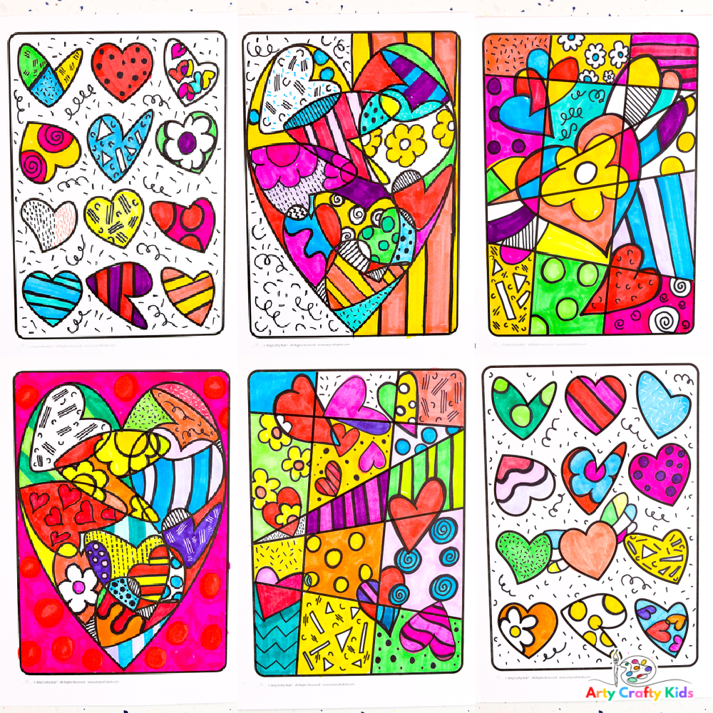 Romero britto inspired heart art with drawing prompts