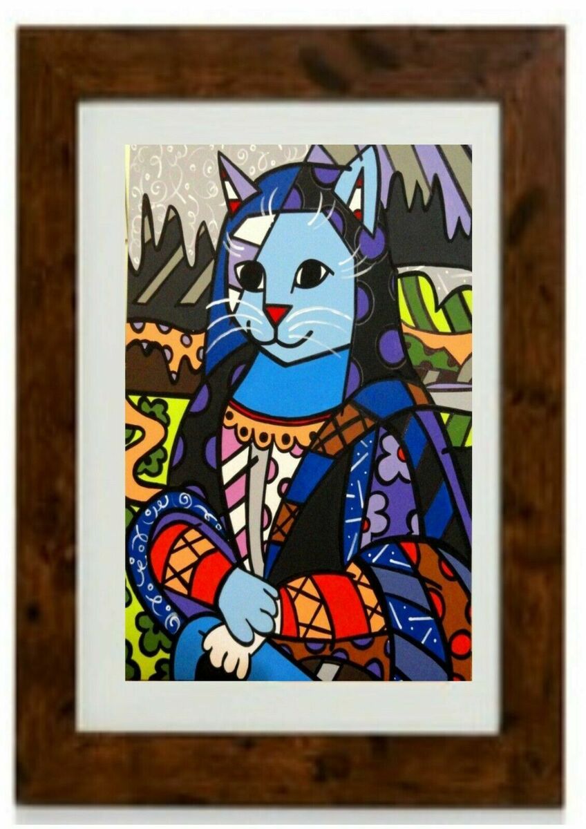 New size mona cat framed print by romero britto larger size