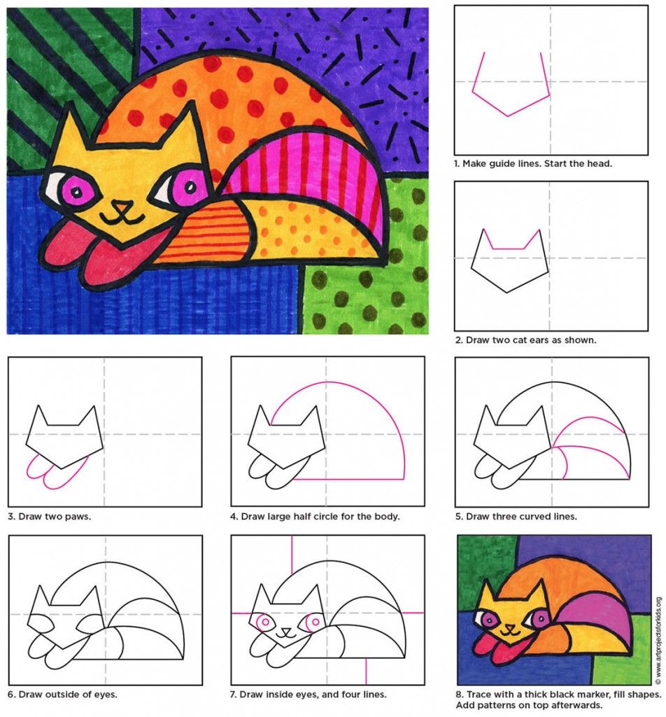 Easy how to draw a romero britto cat and britto cat coloring page britto art romero britto art elementary art projects