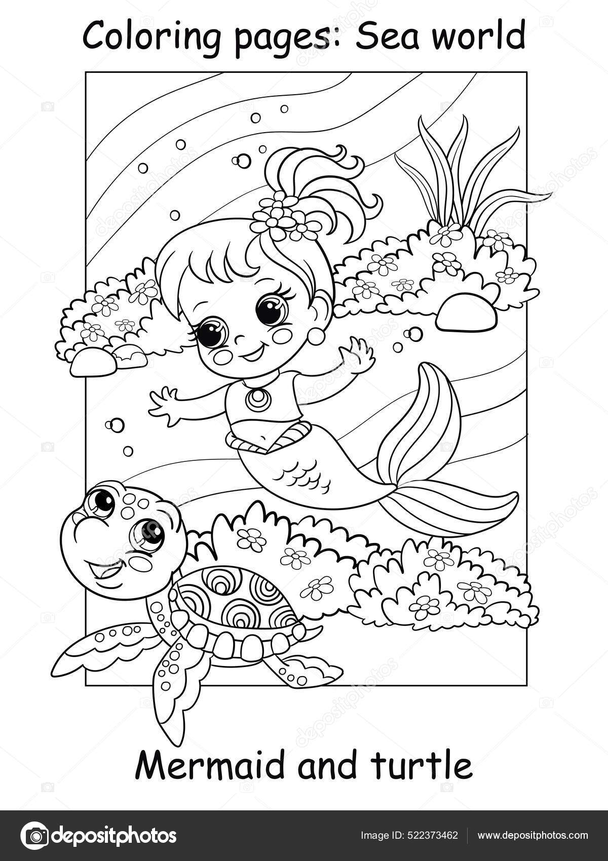 Linda sirena bebã nada con una tortuga libro para colorear vector de stock por alinart