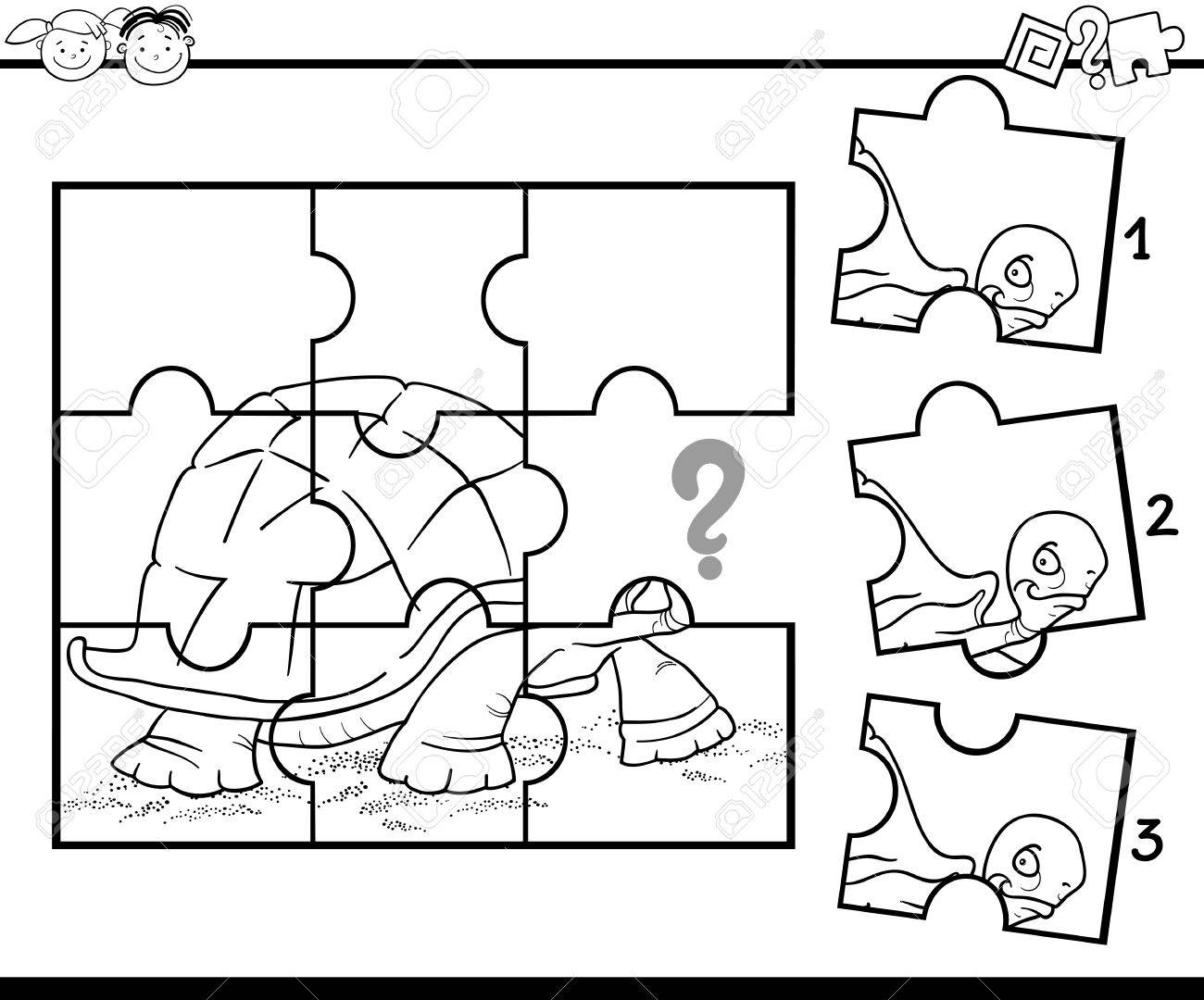Black and white cartoon illustration of jigsaw puzzle education game for preschool children with turtle for coloring royalty free svg cliparts vectors and stock illustration image