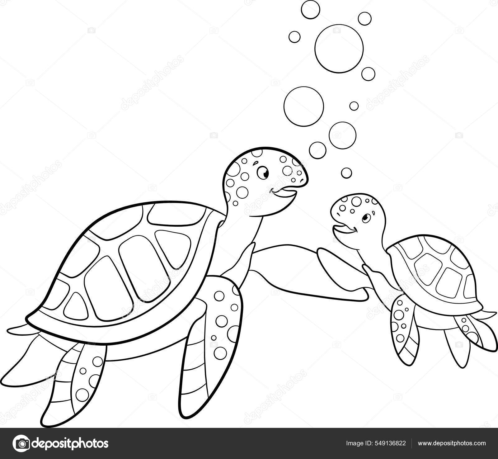 Pãgina para colorear madre tortuga marina nada con bebã lindo vector de stock por ya