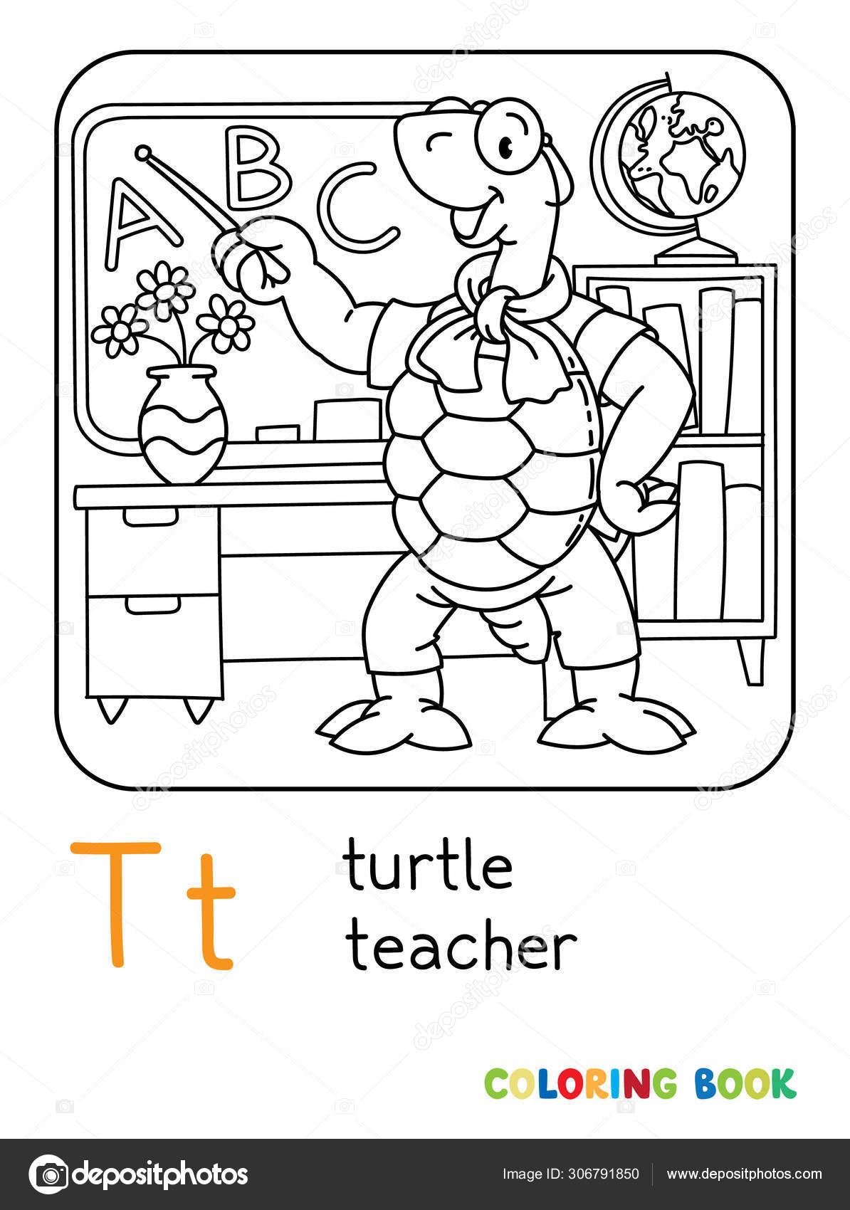 Tortuga profesora abc para colorear libro alfabeto t vector de stock por passengerz