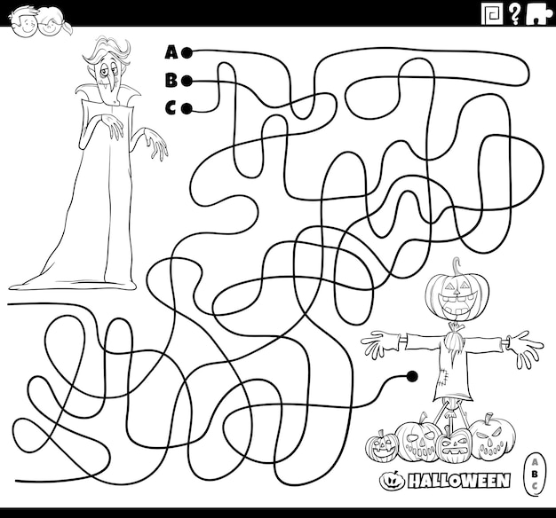 Premium vector maze puzzle with cartoon vampire on halloween coloring page