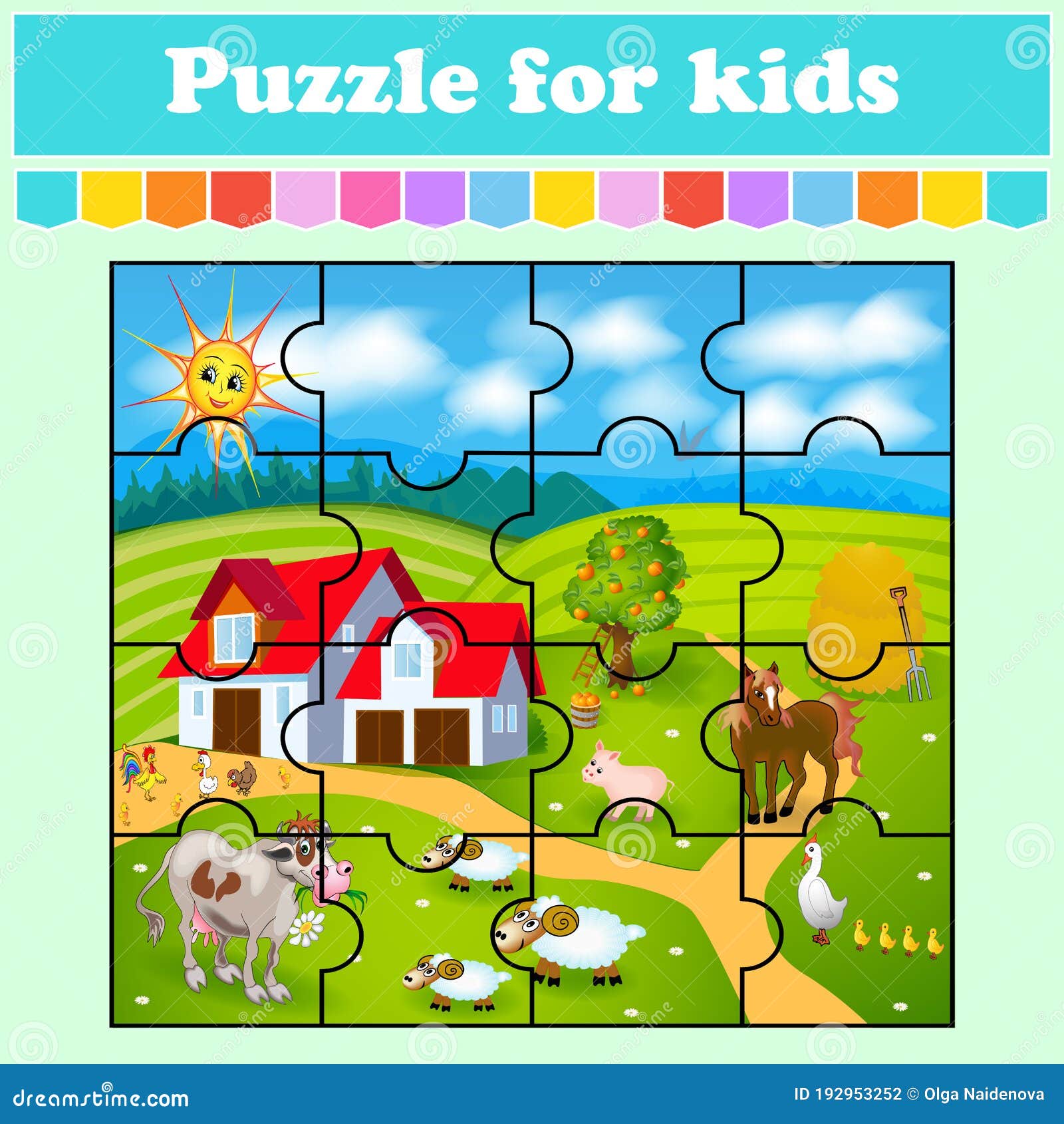 Puzzle game for kids house cow pig birds and sheep education worksheet color activity page riddle for preschool stock vector