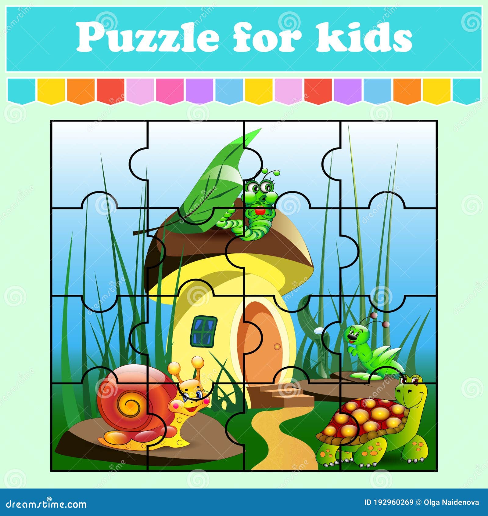 Puzzle game for kids animals near the mushroom house education worksheet color activity page riddle for preschool stock vector