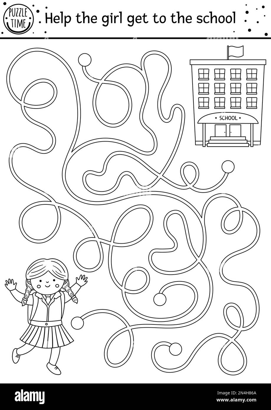 Back to school black and white maze for children preschool outline printable educational activity or coloring page funny puzzle with cute schoolgirl stock vector image art