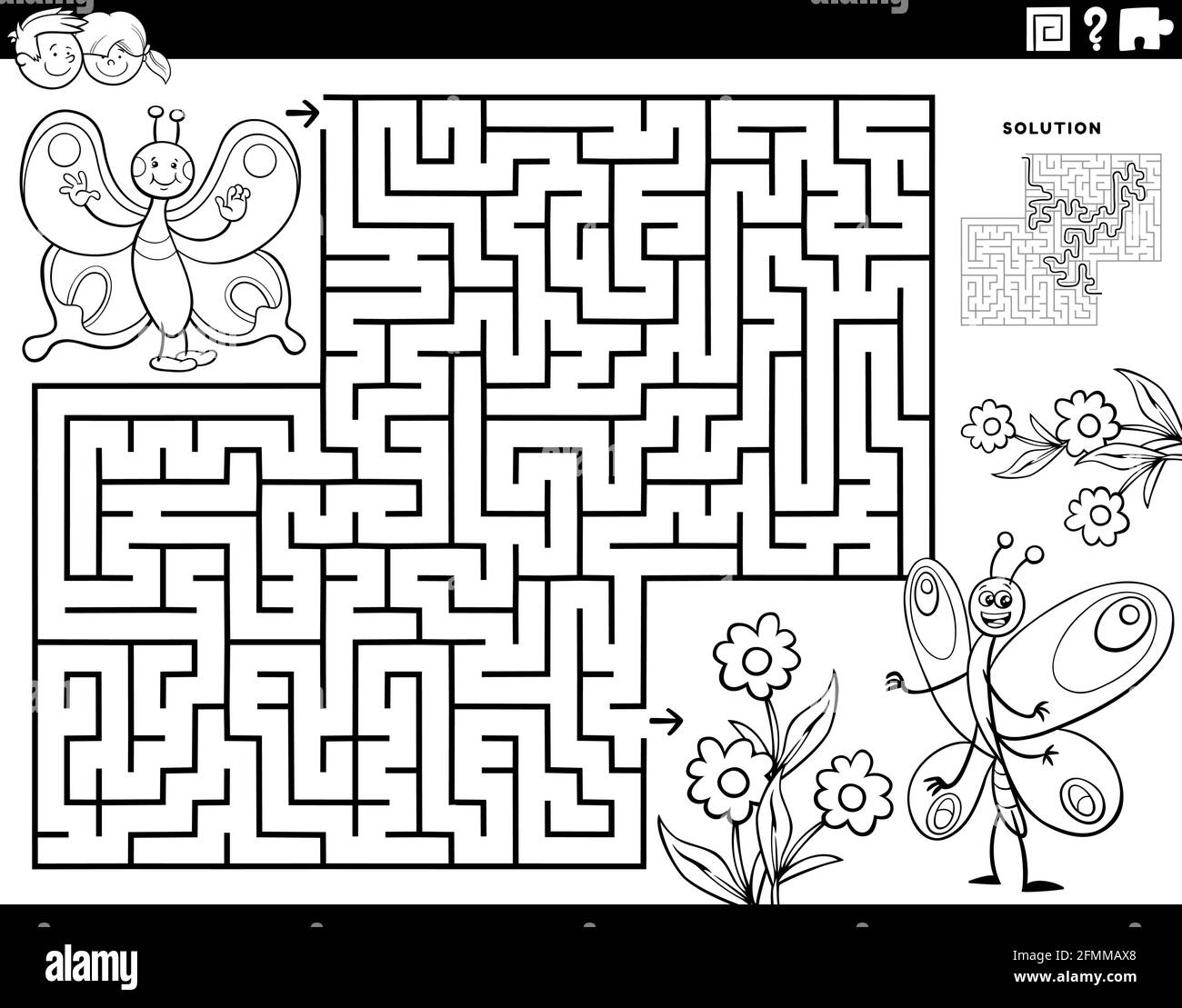 Black and white cartoon illustration of educational maze puzzle game for children with butterflies insect characters and flowers coloring book page stock vector image art