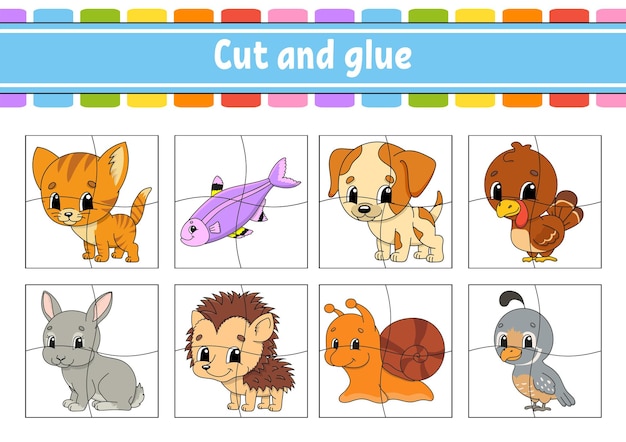 Premium vector cut and glue set flash cards color puzzle education developing worksheet activity page animal theme