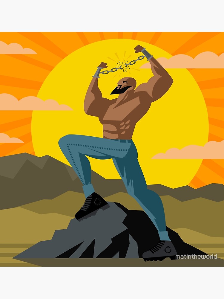 African slave breaking chains in the mountains poster for sale by matintheworld