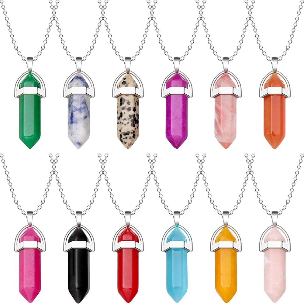 Pieces hexagonal chakra crystal bullet shape gemstone pendant necklaces pointed quartz stone chain necklaces artificial stone with storage bag vivid color set clothing shoes jewelry