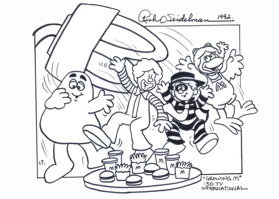 Ronald mcdonald and friends arrive at mcdonalds in a storyboard drawing for the international commeâ coloring book pages storyboard drawing coloring books