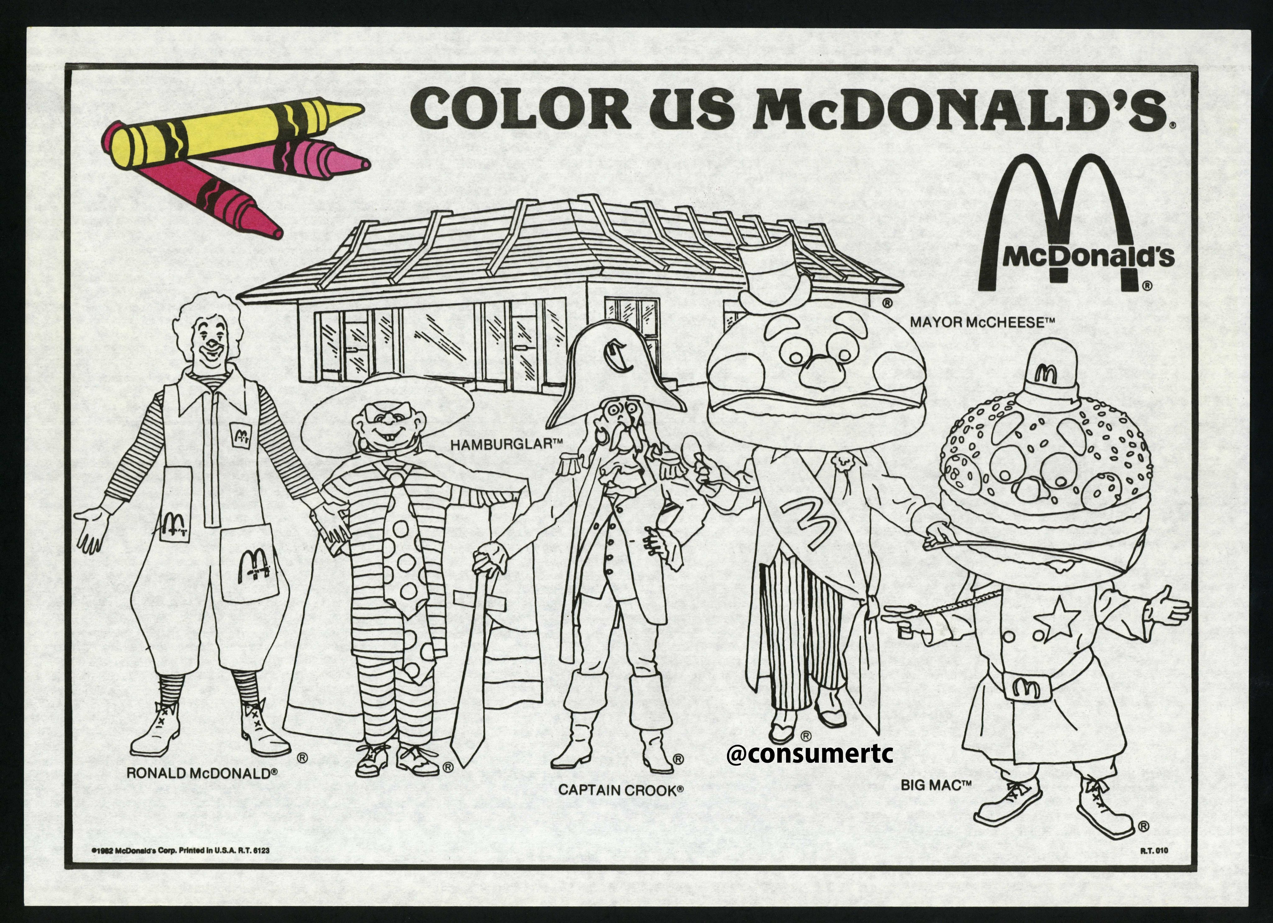 Consumer time capsule on x heres a mcdonalds trayliner with a coloring page of ronald hamburglar captain crook mayor mccheese and officer big mac tell that brooklyn loki takeover mcdonalds they