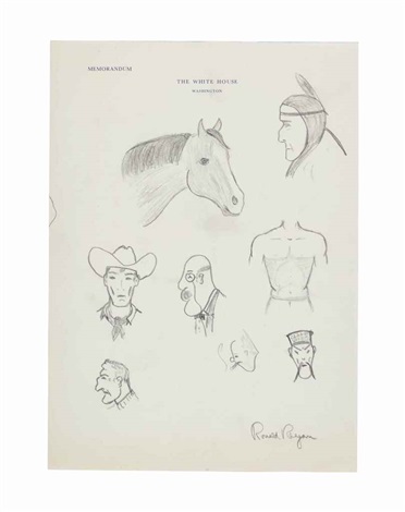 A fine series of doodles primarily consisting cartoon portraits of a variety of characters including a horse a cowboy and native american a mans torso a caricature of a chinese man as