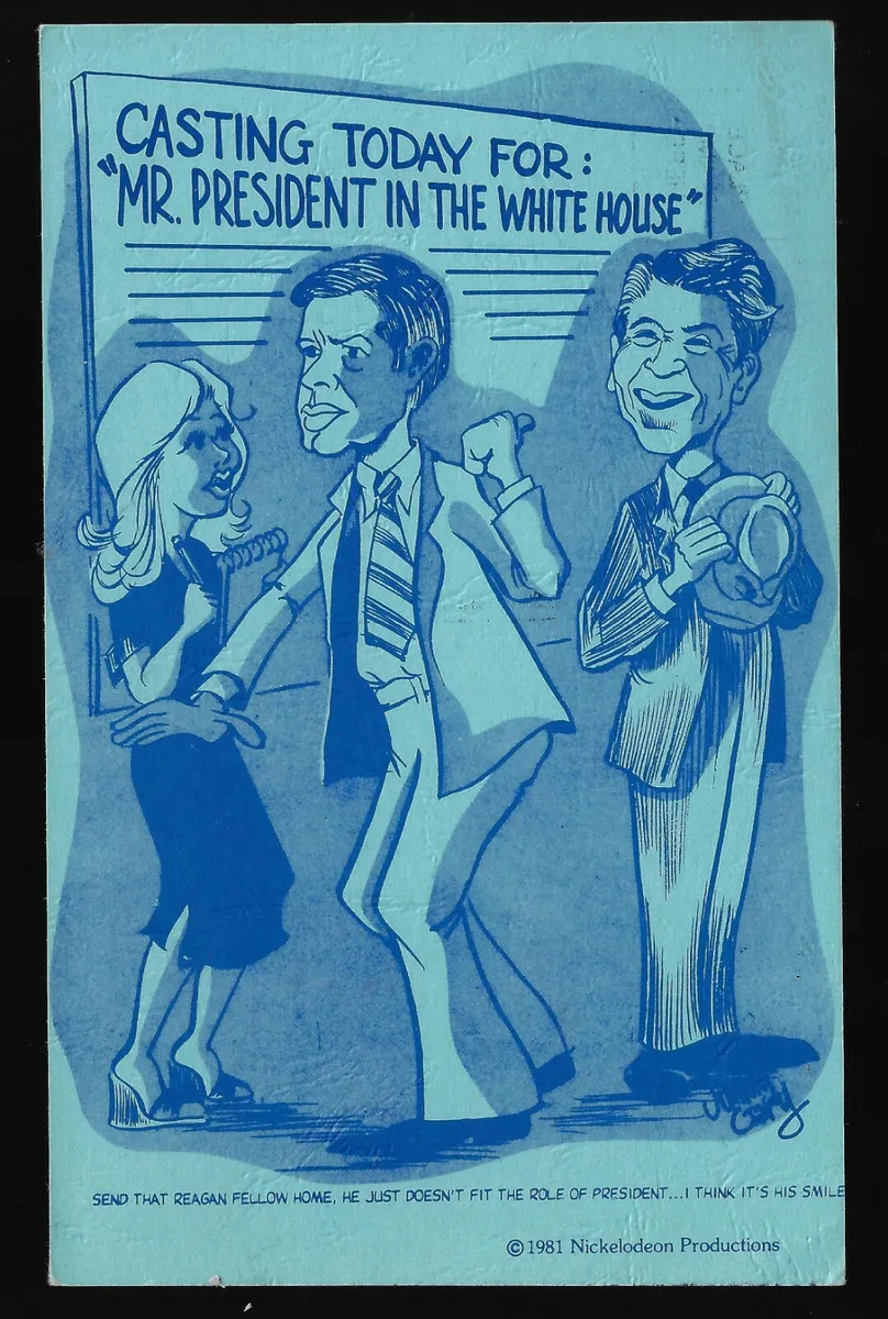 Cartoon postcard jimmy carter making fun of ronald reagan casting white house