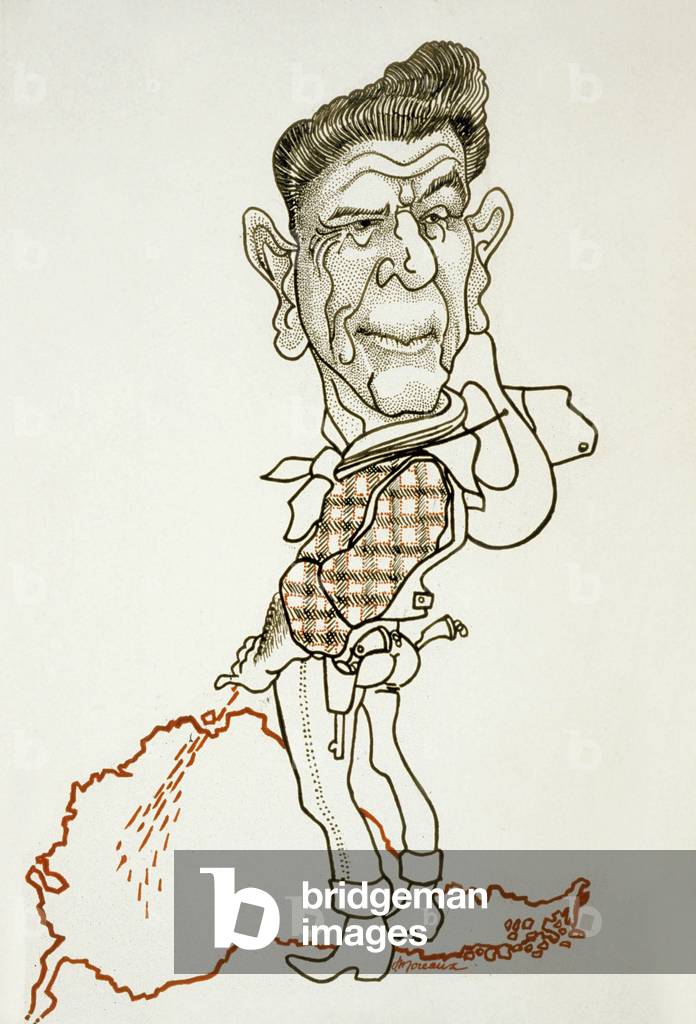 Image of caricature showing ronald reagan as a cowboy urinating on south by moreaux jean fl