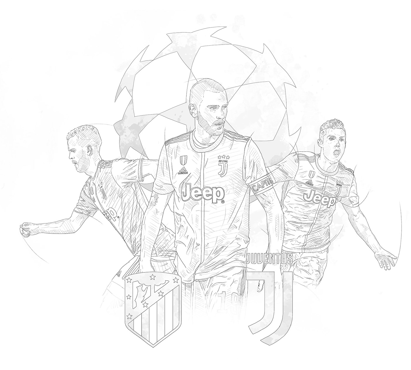 Process drawings wip for juventus illustrations ronaldo pjanic bonucci