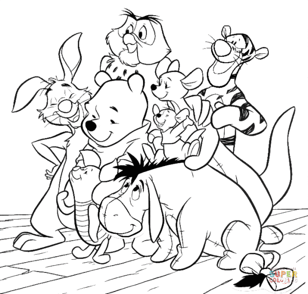 Pooh rabbit owl tigger roo and eeyore coloring page free printable coloring pages