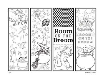 Room on the broom bookmarks witch cat dog dragon halloween color