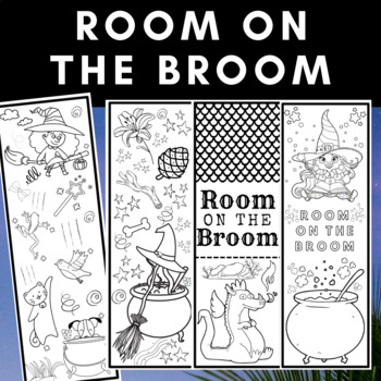 Room on the broom bookmarks witch cat dog dragon halloween color