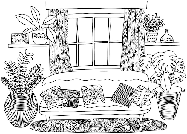 Premium vector cozy living room coloring page living room interior design cute coloring book for children and adults