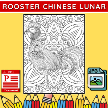 Rooster zentangle coloring page chinese lunar new year mindfulness